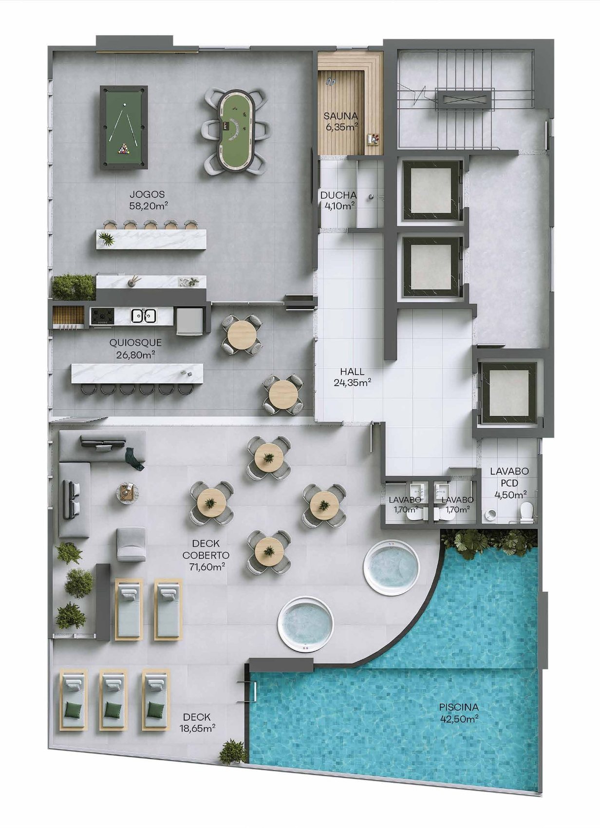 Planta do pavimento de lazer com piscina, sala de jogos, quiosque e sauna do Villa Di Capri, em Itapema