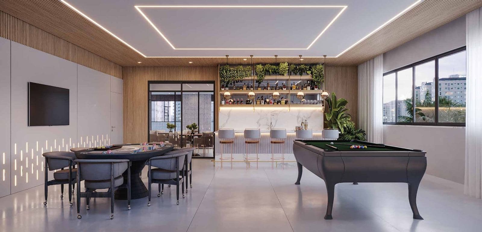 Sala de jogos com sinuca e mesa de poker do Villa Di Capri, em Itapema
