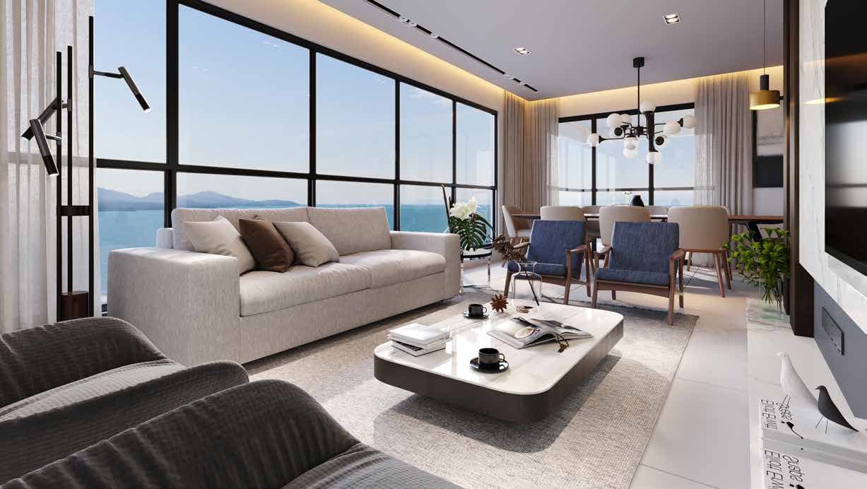 Living decorado de um apartamento do Villa Lobos, na Meia Praia, Itapema