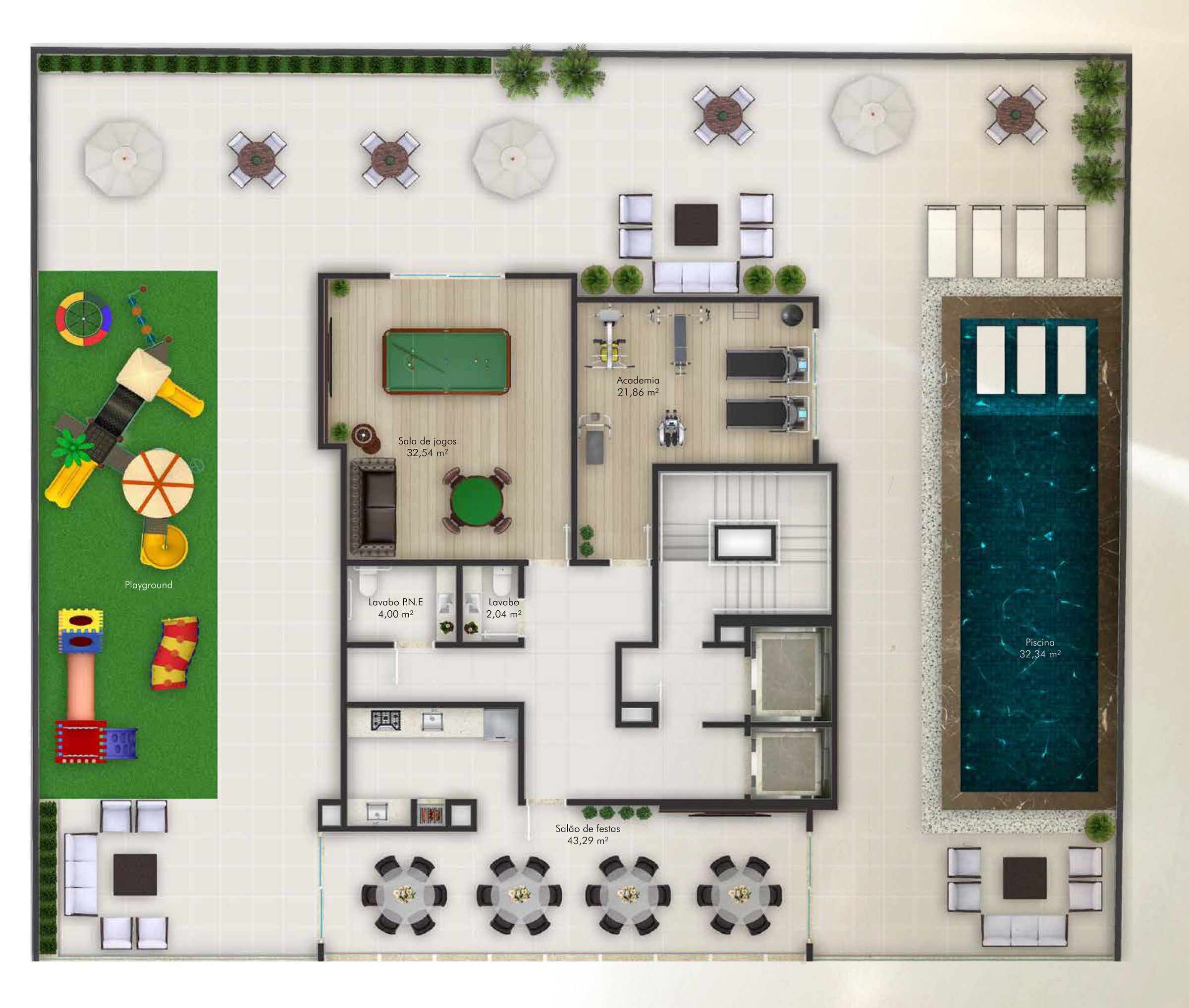 Planta da área de lazer do Villa Lobos, com piscina, academia, salão de festas e playground