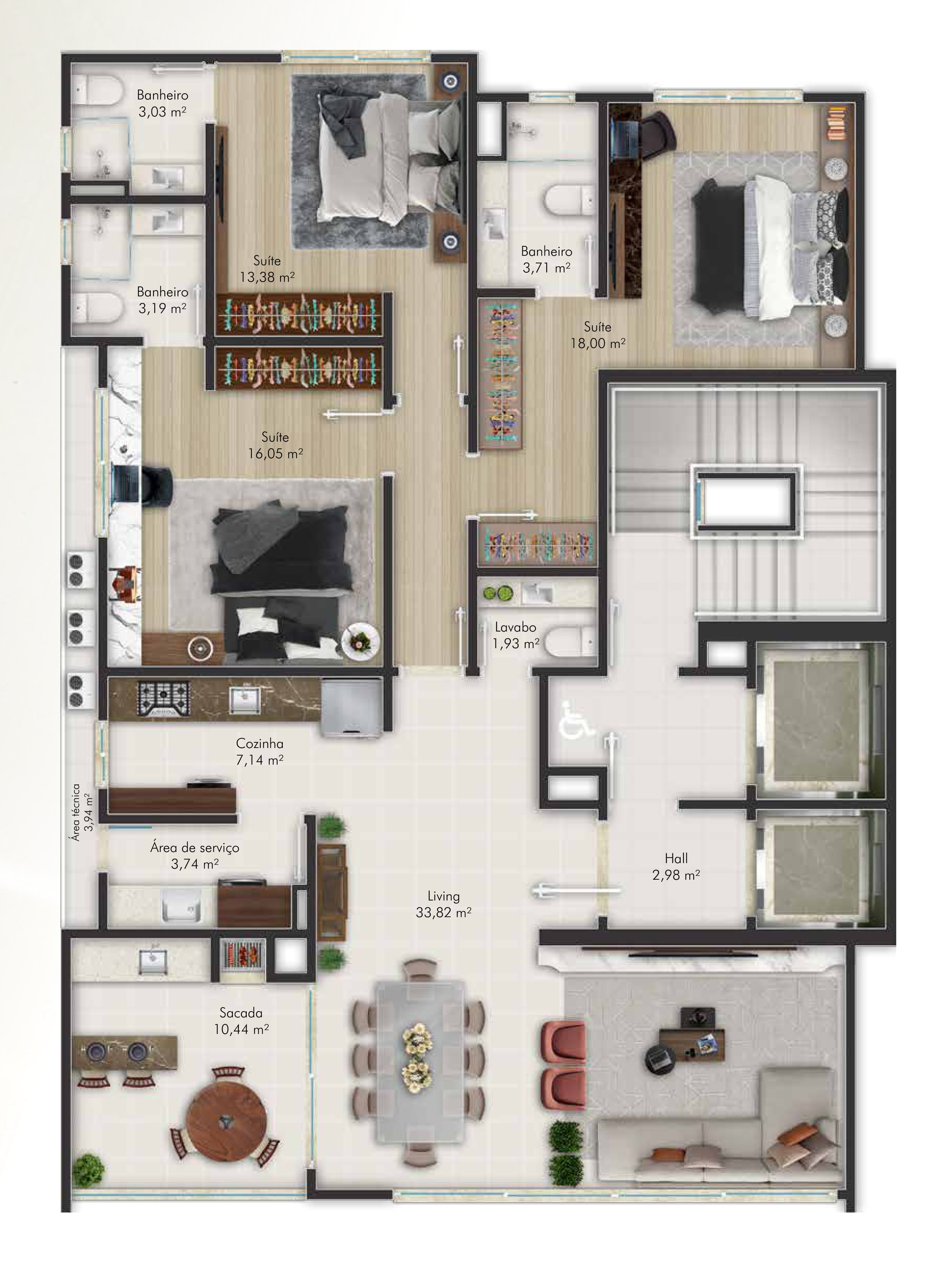 Planta do pavimento tipo do Villa Lobos, com 133,09 m² e 3 suítes, na Meia Praia, Itapema