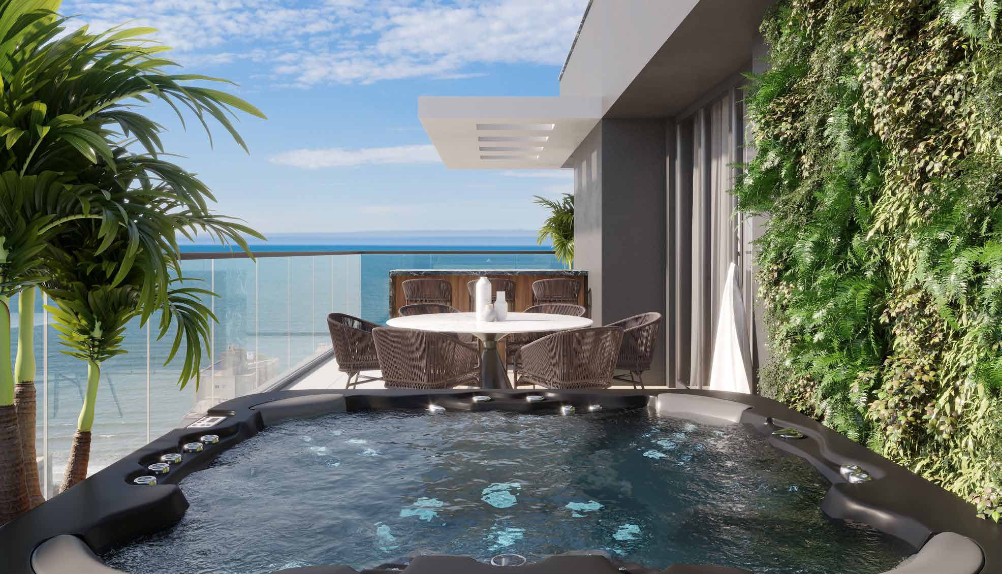 Terraço com spa da cobertura duplex do Villa Lobos, na Meia Praia, Itapema