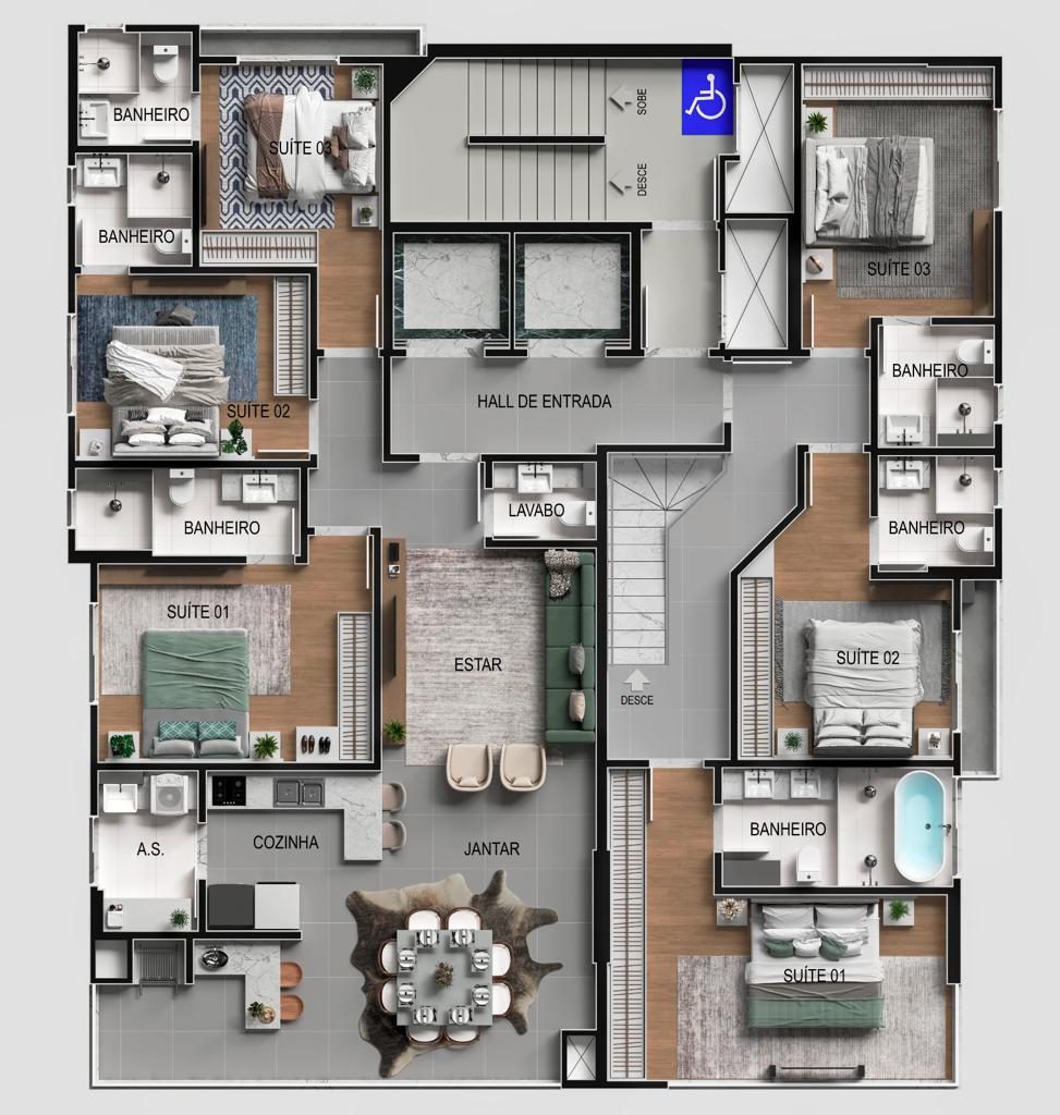Planta de pavimento do Volo Lumini, com os dois apartamentos por andar