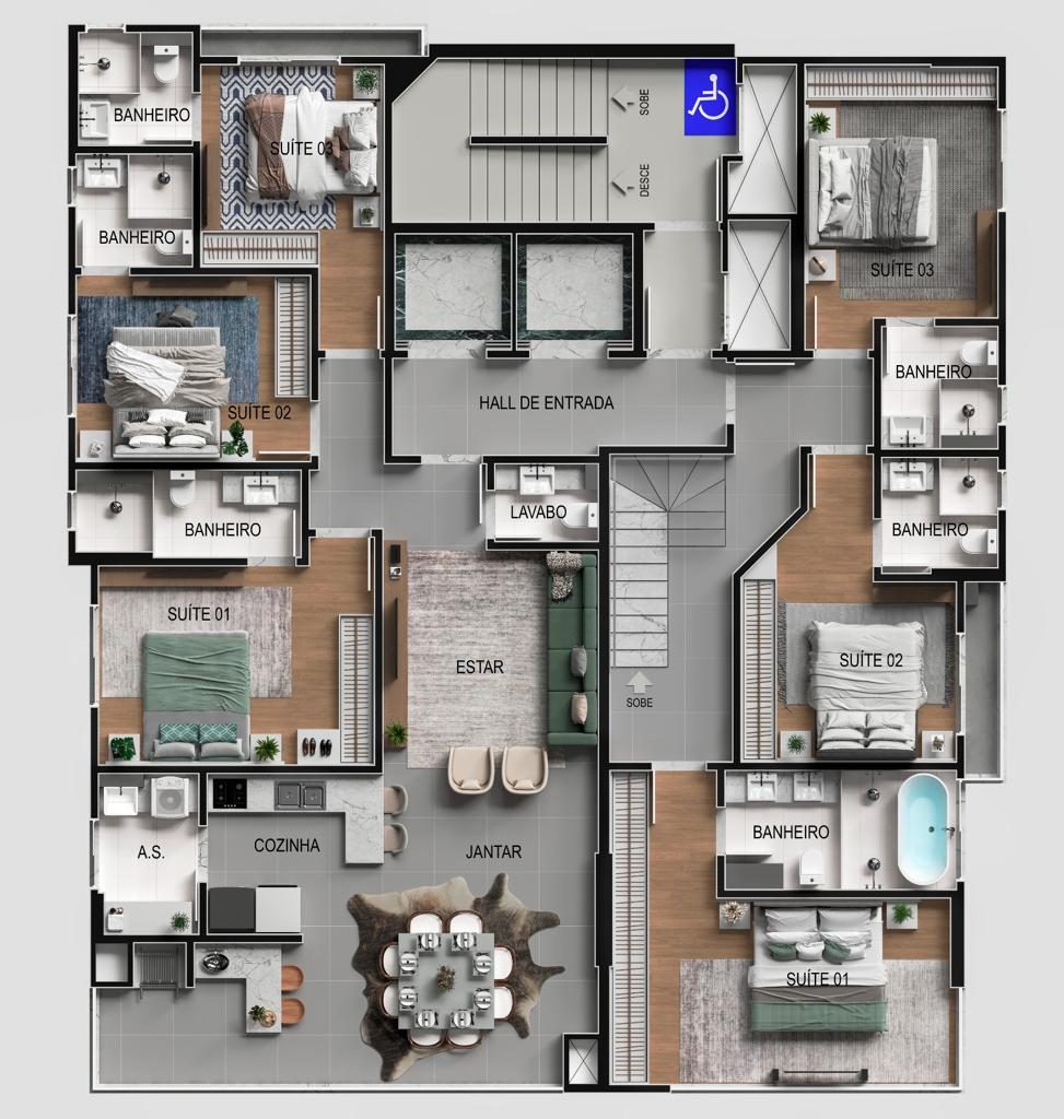 Planta de pavimento do Volo Lumini, com os dois apartamentos por andar