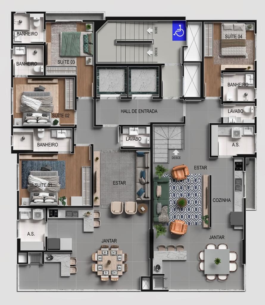 Planta de pavimento do Volo Lumini, com os dois apartamentos por andar