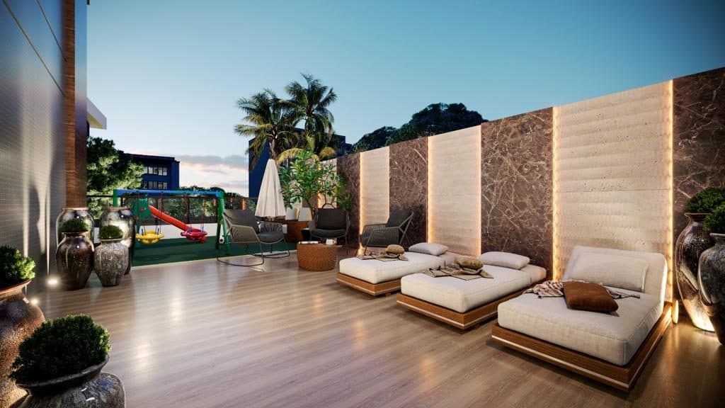 Terraço com piscina privativa da unidade 401 do Volo Lumini, na Meia Praia, Itapema