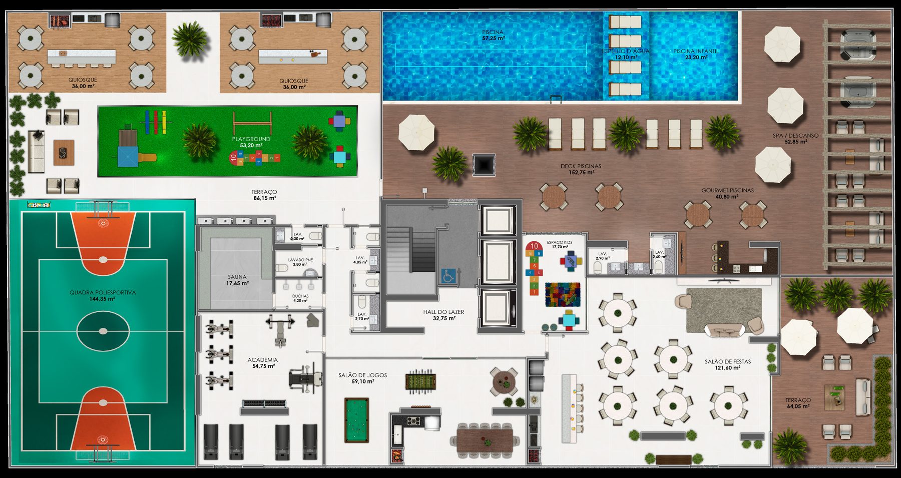 Planta da área de lazer de mais de 1.045 m² do Yahweh Residence, na Meia Praia, Itapema
