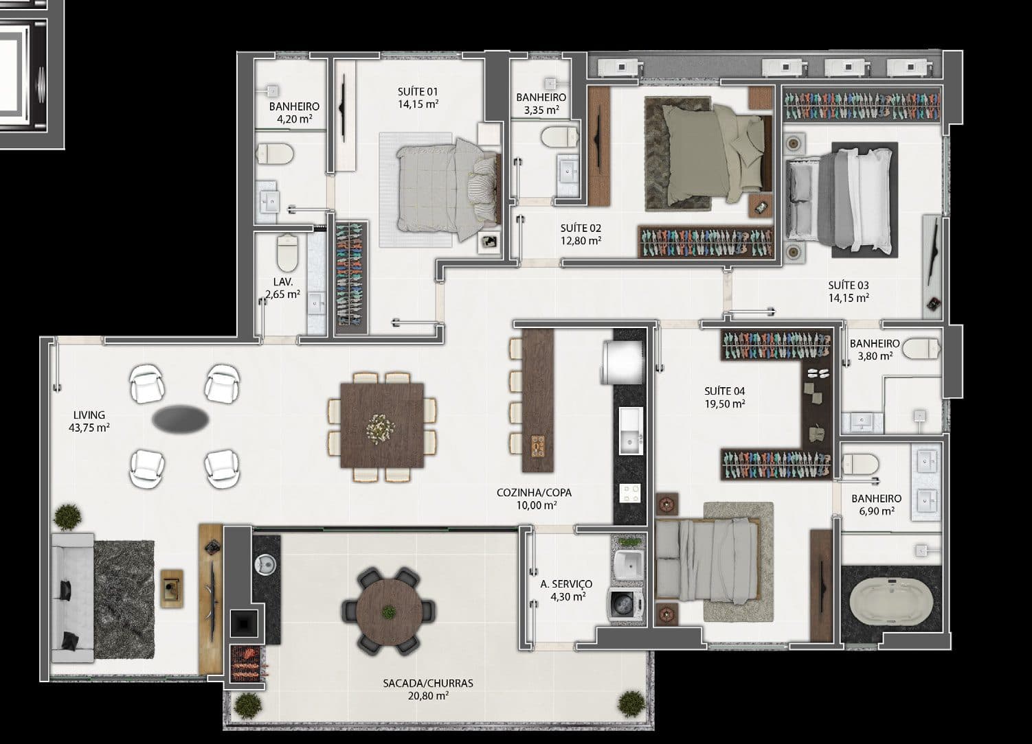 Planta do Tipo 02 do Yahweh Residence, 182,25 m² com 4 suítes, na Meia Praia, Itapema