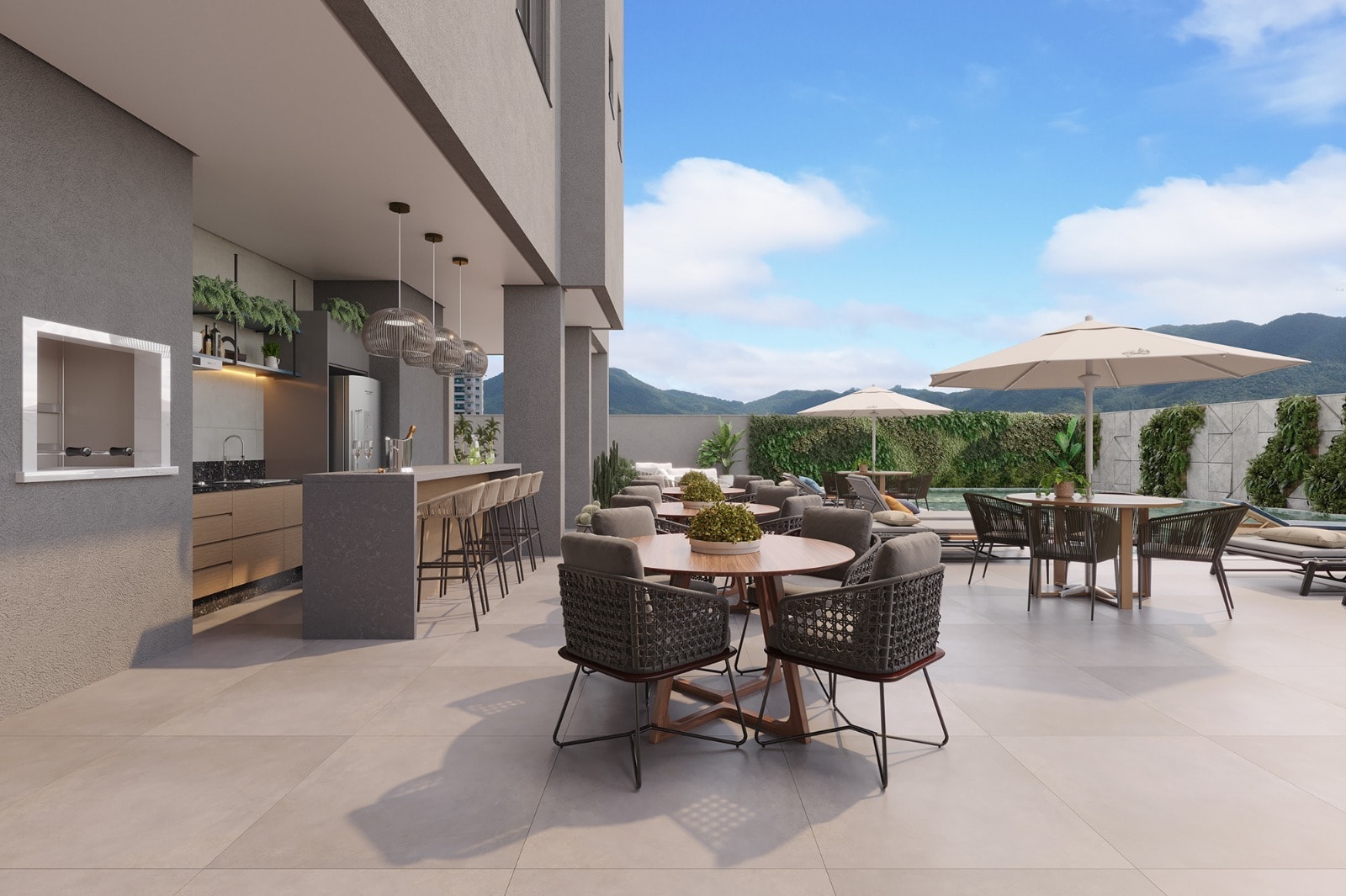 Espaço gourmet com deck do Yellowstone Park Residence, na Rua 248, Meia Praia