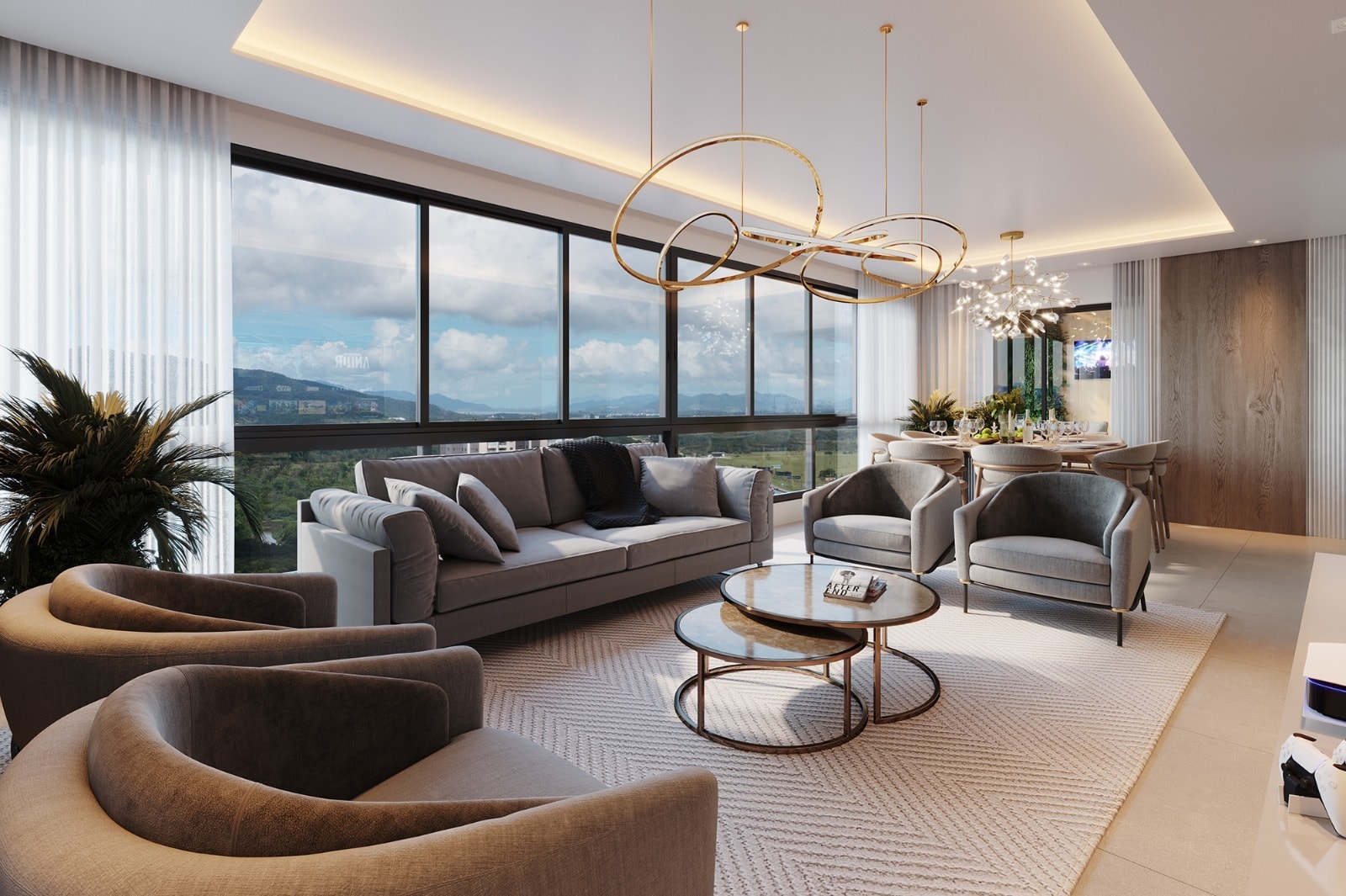 Living em conceito aberto de apartamento do Yellowstone Park Residence, em Itapema