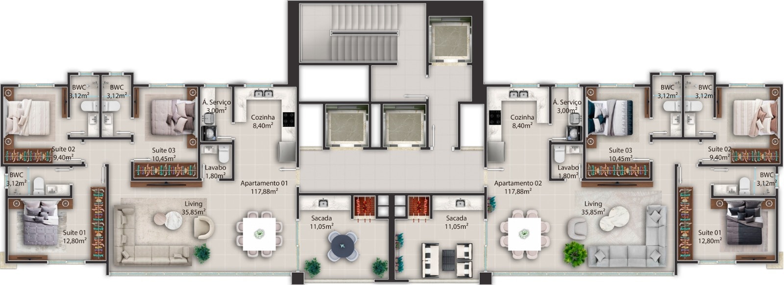 Planta do pavimento tipo do Yellowstone Park Residence: dois apartamentos de 117,88 m²