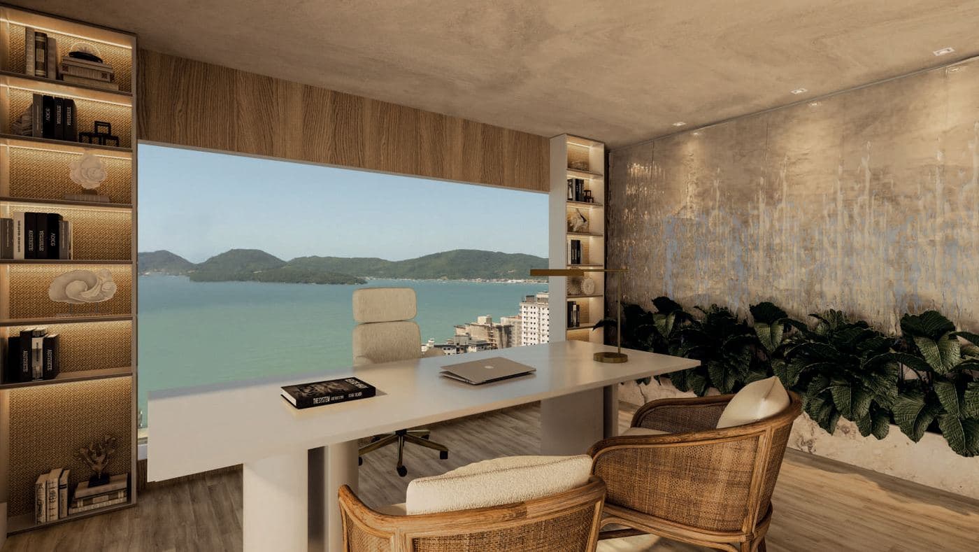 Cozinha integrada de um apartamento do Zamá Coast Residence, em Itapema