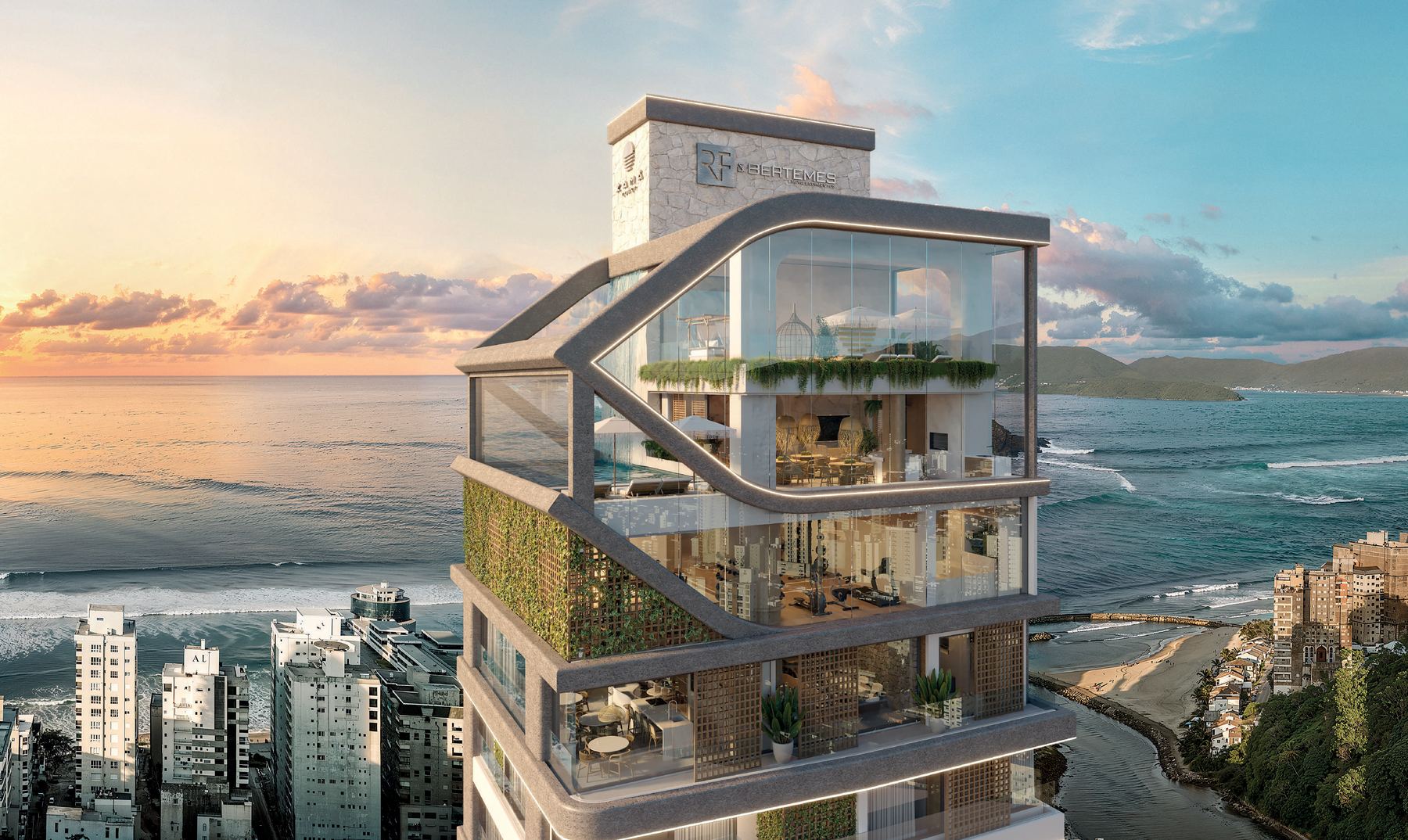 Rooftop do Zamá Coast Residence ao entardecer, com vista para o mar da Meia Praia, Itapema
