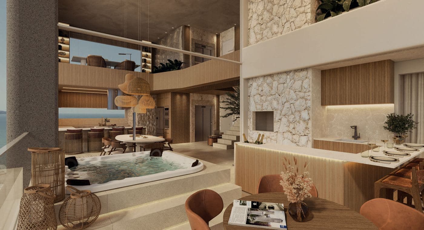 Living com jacuzzi privativa de um duplex do Zamá Coast Residence
