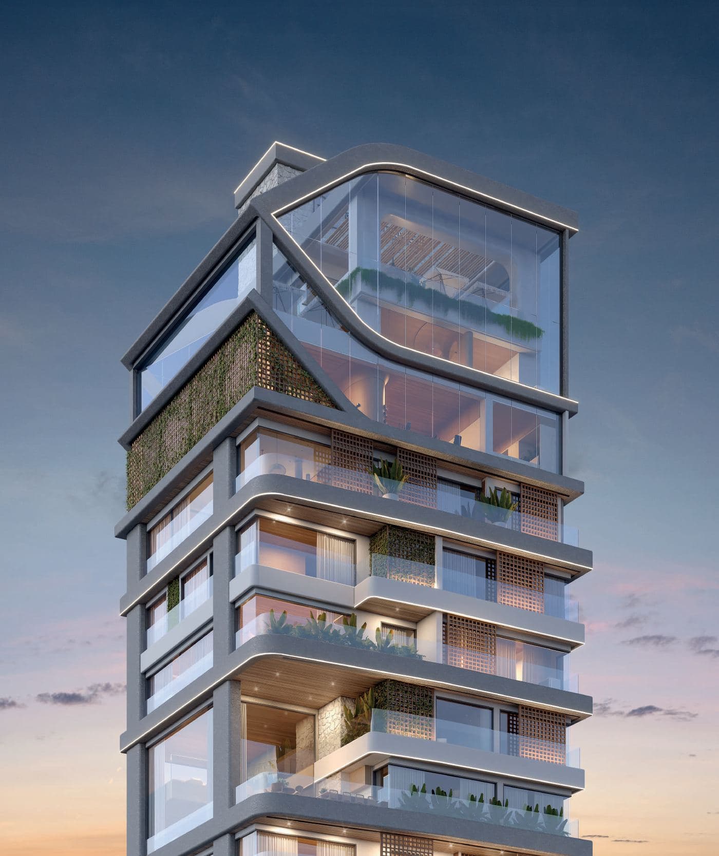 Topo da torre do Zamá Coast Residence, com os duplex envidraçados, na Meia Praia